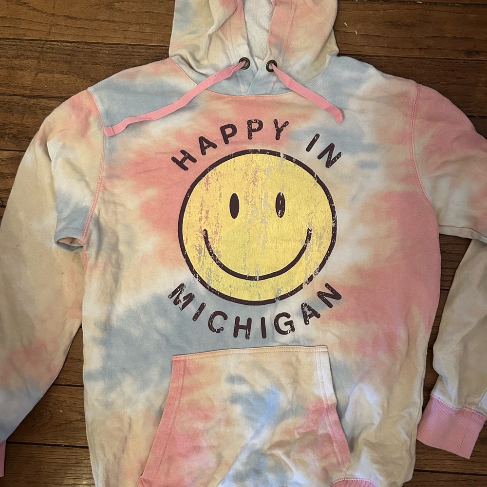 Tie-Dye "Happy in Michigan" Smile Hoodie - Pastel Pink & Blue